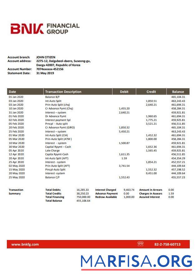 Downloadable South Korea BNK bank statement word download for verification